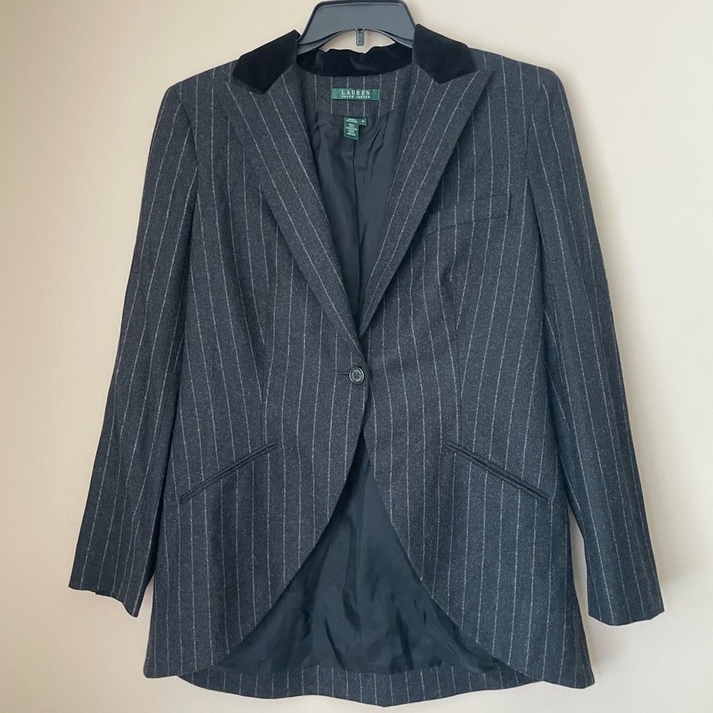 Ralph Lauren Blazer Pinstripe Velvet Collar 100%Lambwool One Button DarkAcademia - Picture 2 of 16